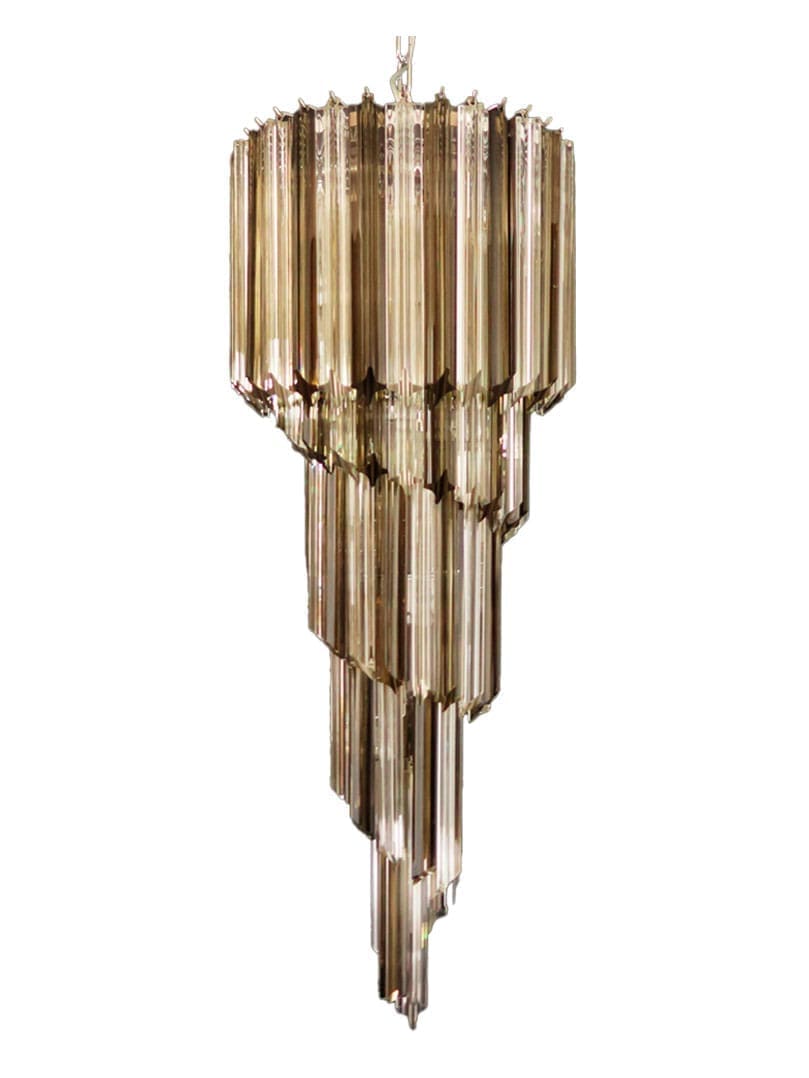 Murano Lysekrone - Spiral - 86 prismer - Mørk Røgfarvet/Klar Krom blank