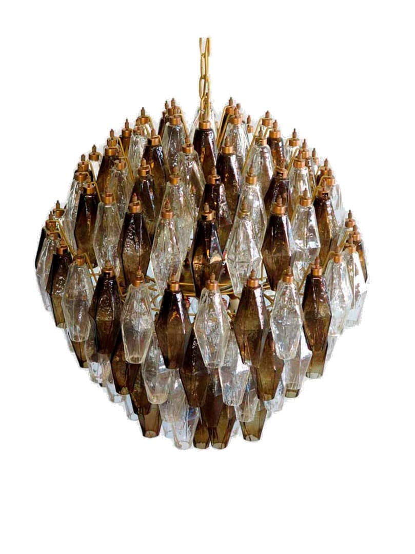 Murano Lysekrone - Poliedri - 140 glas - Røgfarvet/Klar Mat guld patineret