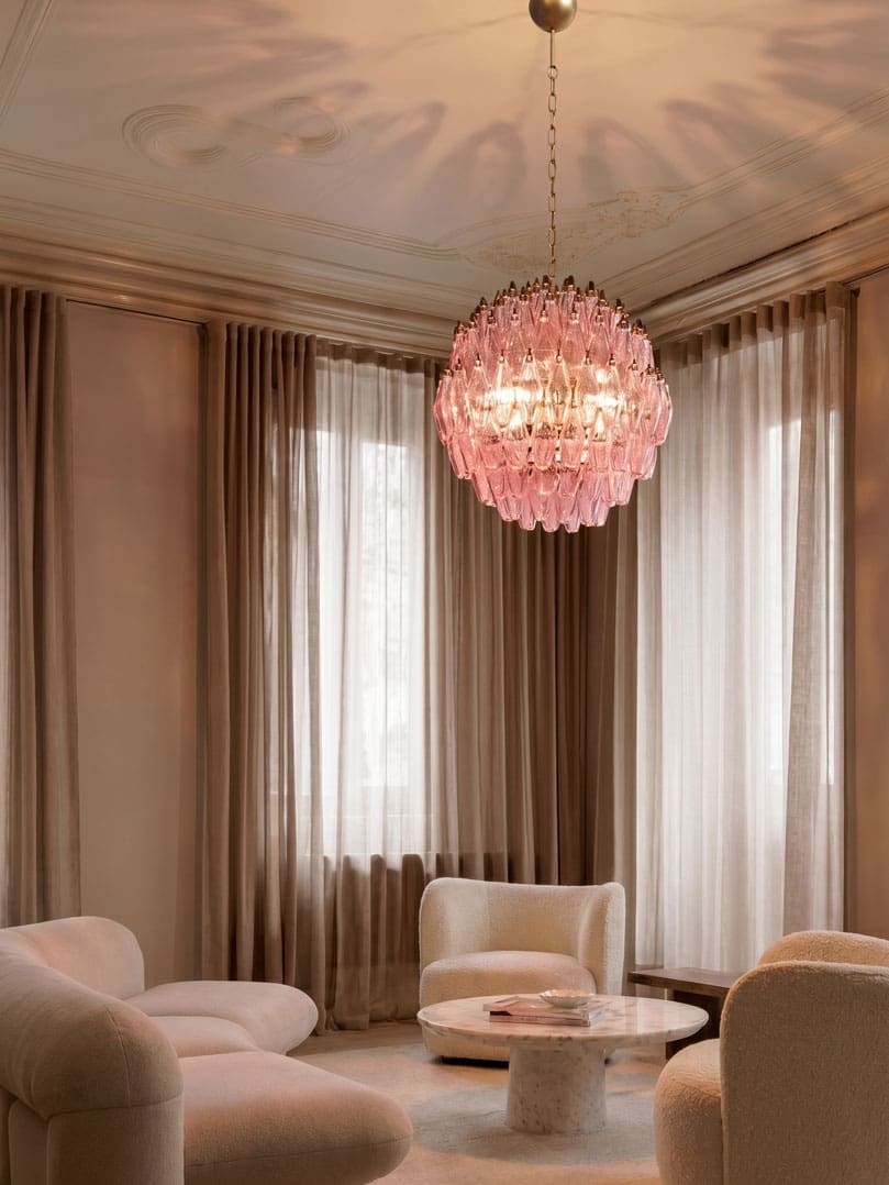 Murano lysekrone - Poliedri - 140 glas - Rosa Mat guld patineret