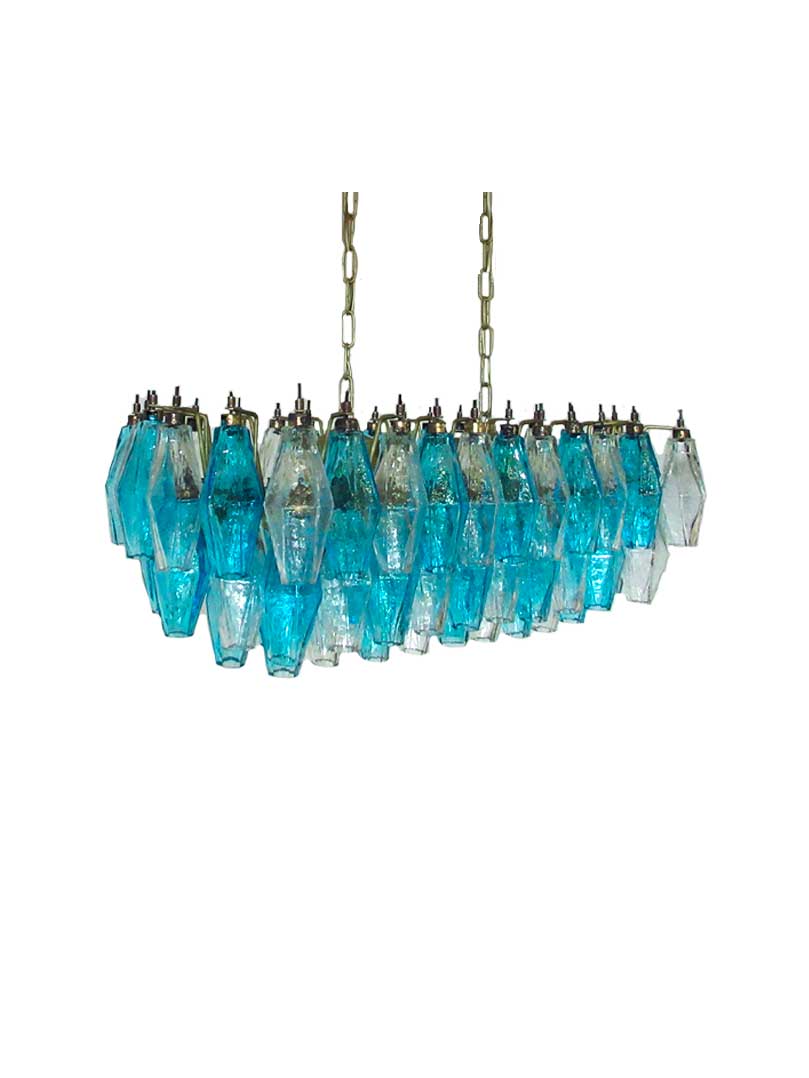 Murano Lysekrone - Poliedri - 84 glas - Blå/Klar Mat guld patineret