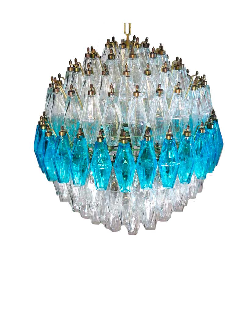 Murano Lysekrone - Poliedri - 140 glas - Klar/blå Krom blank