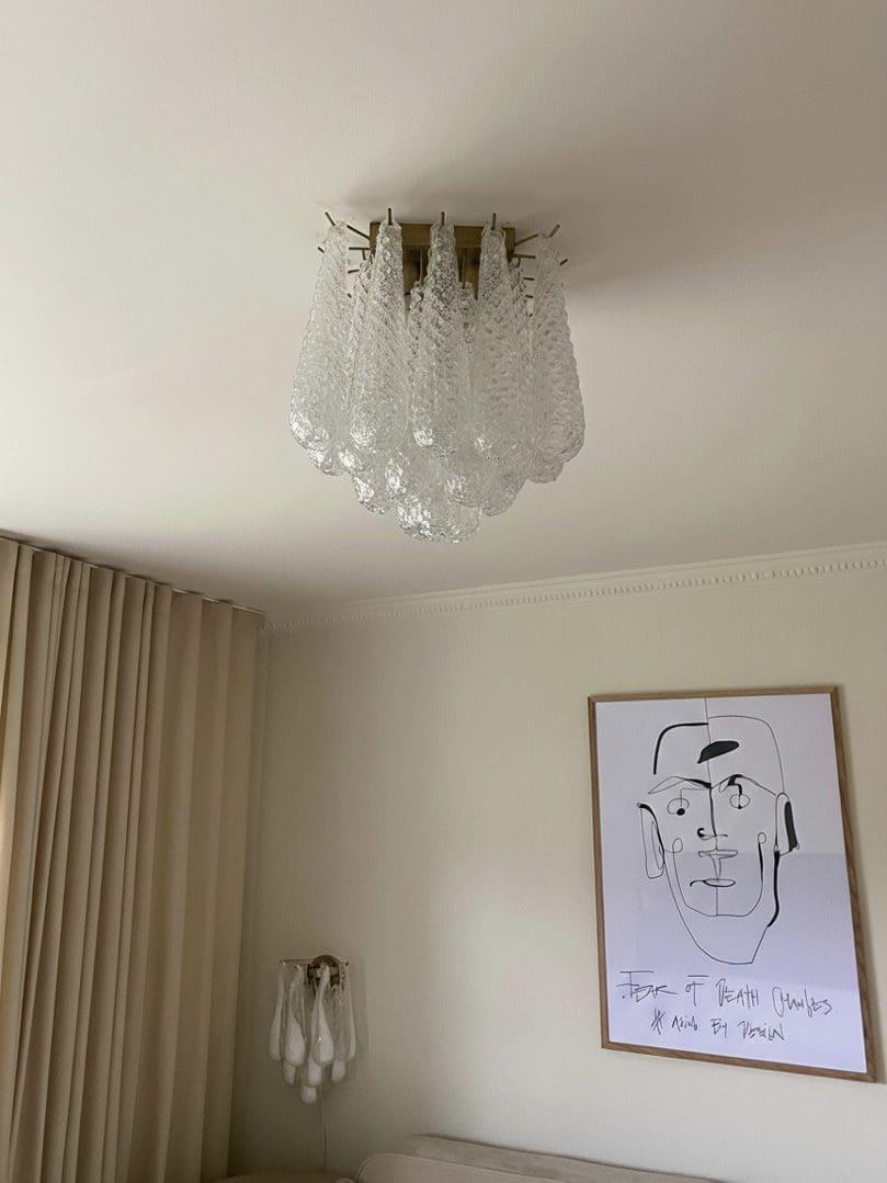 Murano Taklampa – Droppe – 32 glasblad – Klar Krom patinerad